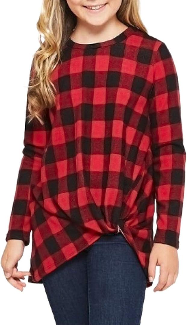 Ecokauer Girls Casual Long Sleeve Shirts Knot Front Tunic Tops Tees Blouses for Children Fashion Clothes (Red, M)