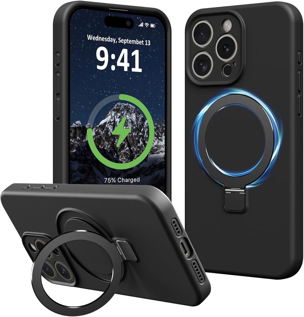 Compatible with iPhone 14 Pro Case with Stand, Full Camera Protection Slim Liquid Silicone Phone Cases Fit for iPhone 14 Pro Compatible with MagSafe Magnetic Ring Kickstand Case 6.1", Black