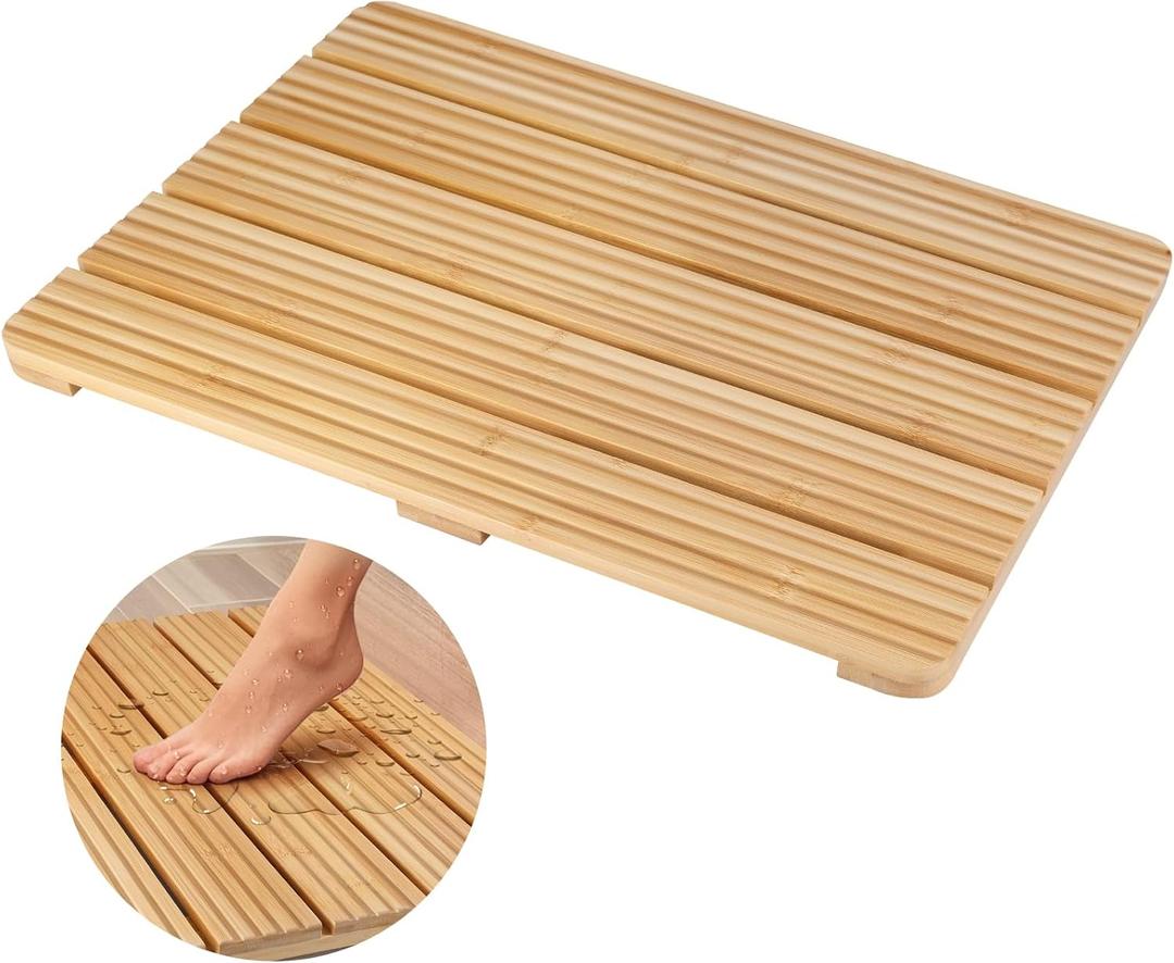 Atsuwell Bamboo Bath Mat for Bathroom Floor, Non-Slip Bamboo Shower Mat with Wave Texture and Wide Base Pads, Natural Bathroom Floor Mat for Indoor & Outdoor Use, Fits Standard Showers, 19.7" x 14.2"