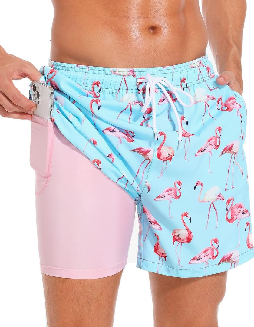 SILKWORLD Mens Swim Trunks with Compression Liner and Zipper Pockets | 2 in 1 quick dry bathing suit, beach shorts, 6 inch, liner pockets, breathable, adjustable waist, swimming,water sports (Blue, XXL)
