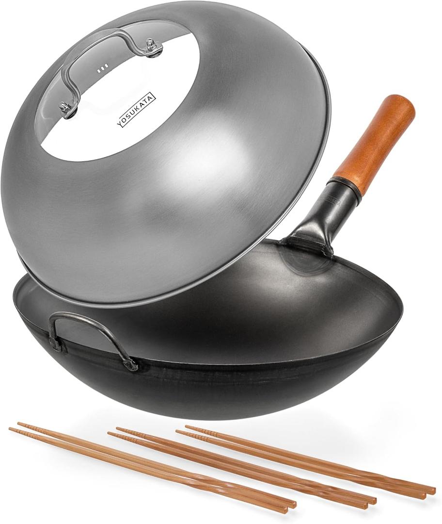 YOSUKATA Carbon Steel Wok Pan - 14  Woks and Stir Fry Pans + Reusable Natural Wooden Long Cooking Chopsticks Set of 3 pairs + Wok Lid 13.6 Inch -Premium Stainless Wok Cover with Tempered Glass Insert