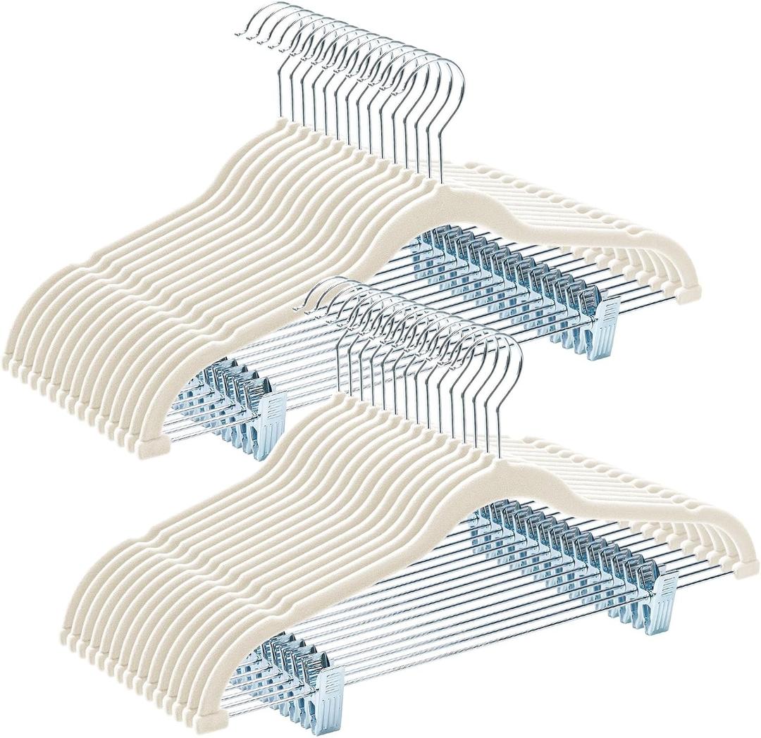 HOUSE DAY Velvet Hangers with Adjustable Clips 30 Pack, Non-Slip Suit Organizer with 360 Hook - Heavy Duty Hanger for Pants, Skirts, Blouses, Dresses - Outfit Hangers All-Season Space Saver (Ivory)