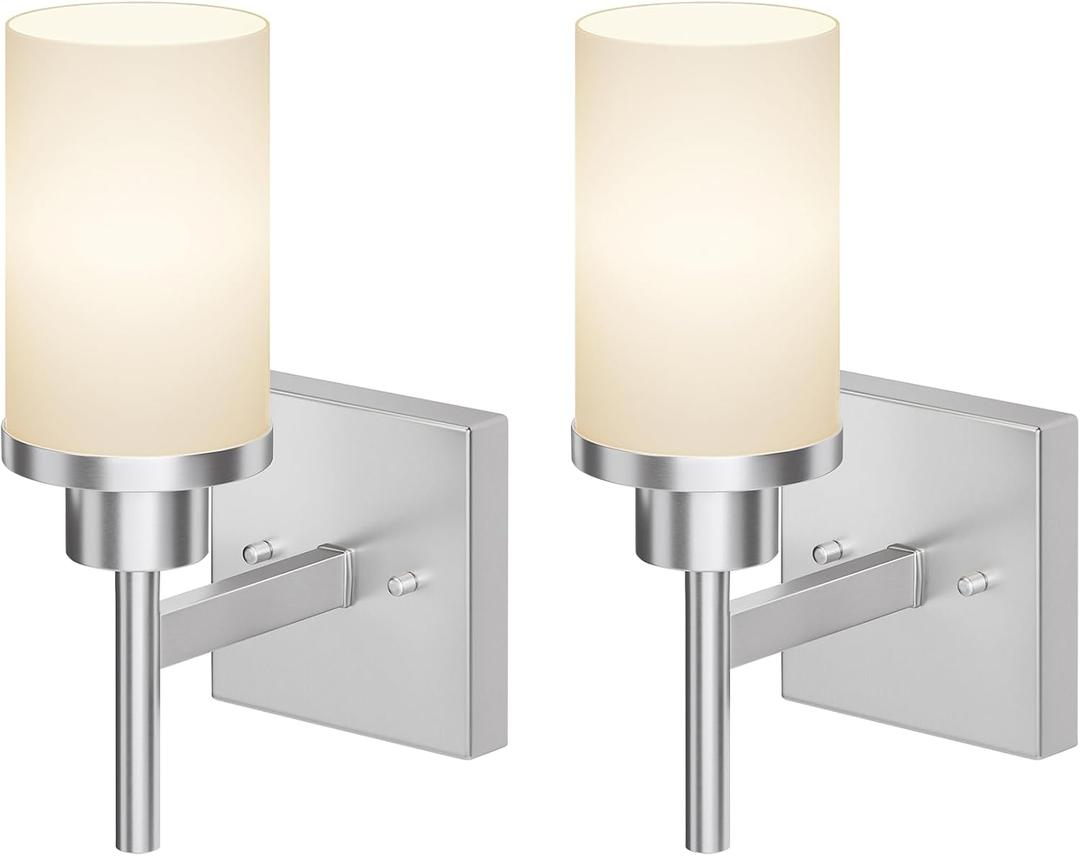 Bathroom Light Fixtures Brushed Nickel Vanity Lights with White Frosted Glass Shade, Wall Lamp for Mirror Kitchen Bedroom Porch, 2 Pack T001BR-L1-P2 Bathroom Light Fixtures Brushed Nickel Vanity Lights with White Frosted Glass Shade, Wall Lamp for Mirror Kitchen Bedroom Porch, 2 Pack T001BR-L1-P2