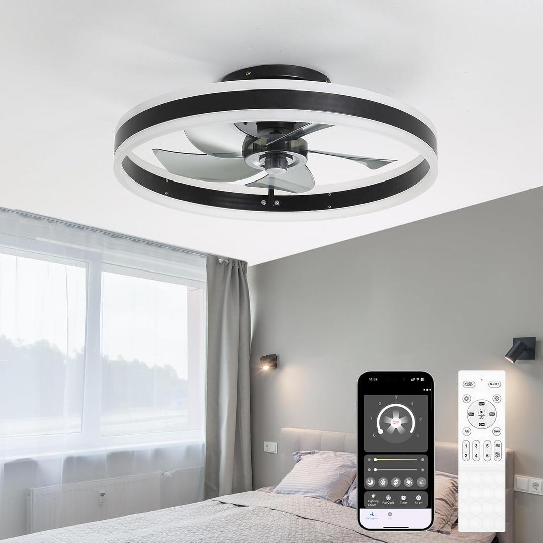 Ceiling Fans with Lights and Remote, 20'' Low Profile Ceiling Fan, 3000-6000K Dimmable Modern Flush Mount LED Fandelier, 6 Speeds Reversible DC Motor, Black Ceiling Fan for Bedroom Living Room