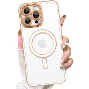 Fiyart Designed for iPhone 16 Pro Max Case,Compatible with MagSafe Plating Removable Lens Cover Clear Magnetic Shockproof Phone Bumper for Women Girls 6.9"-White