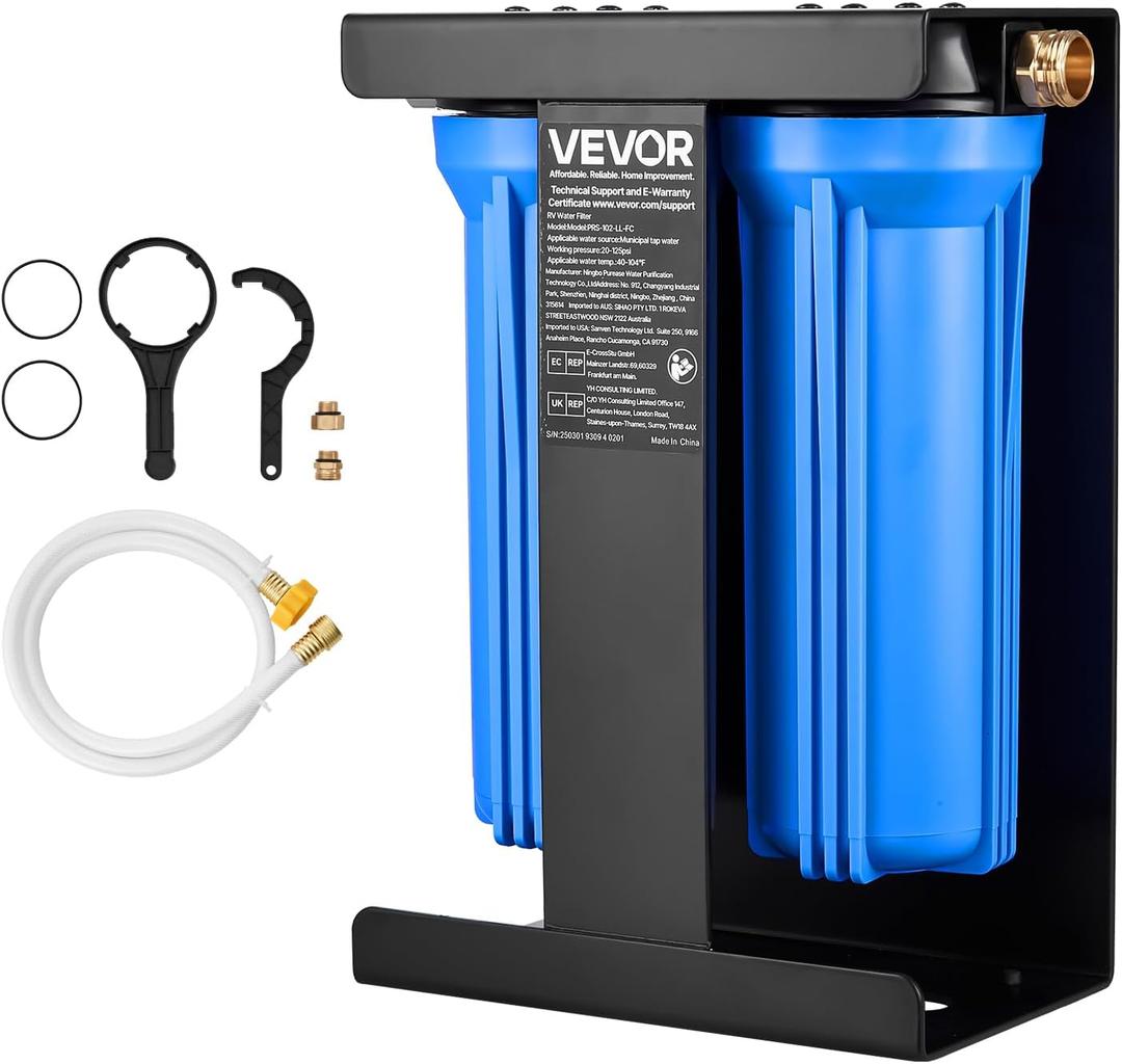 VEVOR RV Water Filter with Bracket, 2-Cartridge 2.5 x 10 in Water Filter System for RVs, Remove Chlorine, Bad Tastes, Odors, and Most Contaminants, for Campers, Boats, Vans