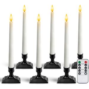 Homemory Wax Window Candles with Remote Timer Dimmer, Battery Operated Candlesticks with Holders, Christmas LED Candlesticks for Window Home Part Decor, 6 Pcs White