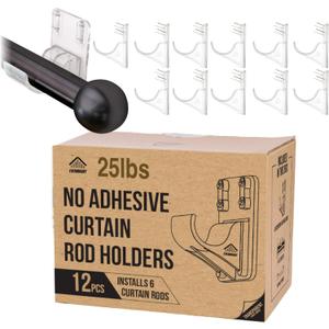 No Adhesive Heavy Duty Curtain Rod Holders with Wide Hook, 5X Stronger Than Adhesive Curtain Rod Hooks,Tension Curtain Rod Bracket for Wall with Pin Guide, Curtain Wall Mount (12 Pack, For 1.25" Rods)