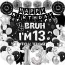 Black 13th Birthday Decorations for Girl Boys Bruh I'm 13 Backdrop, Banner, Paper Fan, Pompoms, Balloons, Bro I'm 13 Official Teenager 13th Party Decor Cheers to 13 Years Party Supplies