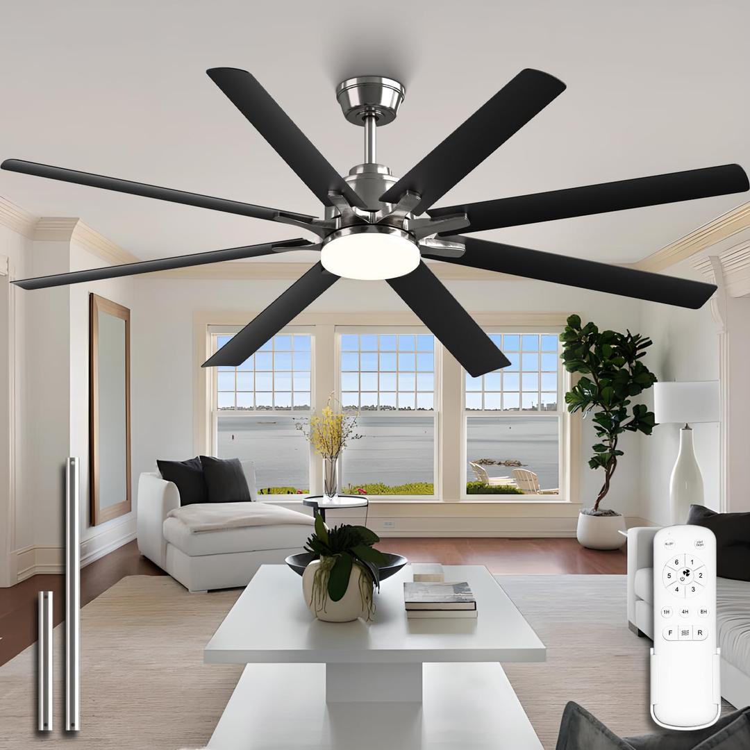 66" Large Modern Ceiling Fan with LED Light & Remote, 8 Blades/6-speed/Timer/3 CCT/DC Motor Ceiling Fan Light Fixture, for Bedroom Living Room Kitchen Garage Patio, Brushed Nickel & Black