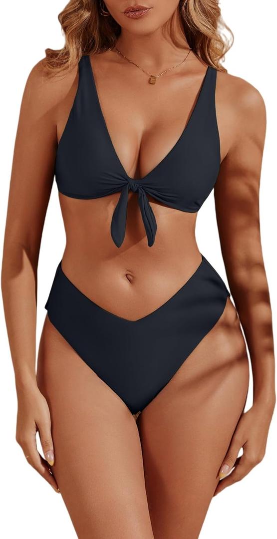 geluboao Bikini Sets for Women High Waisted Two Piece Swimsuit Sexy V Neck Tie Kont Push Up High Cut Bathing Suit (Medium, Black)