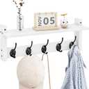 Homode Wall Shelf with Hooks, Coat Rack Wall Mount with Pegs, Hanging Entryway Coat Hanger, Wood and Iron Shelf for Bathroom, Hallway, Bedroom, White
