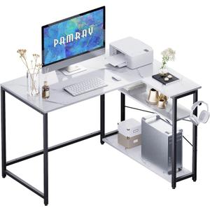 Pamray 43 Inch L Shaped Computer Desk with Reversible Side Storage Shelves, Small Corner Desk for Small Space Home Office,Writing Study Table PC Desk for Bedroom,White Marble