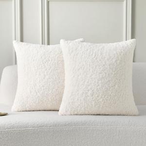 FUTEI Cream White Throw Pillow Covers 24x24 Inch Set of 2,Furry Faux Fur Teddy Boucle Textured Cushion Covers,Soft Fluffy European Pillow Shams,Home Decor for Couch Bed Living Room Office Car
