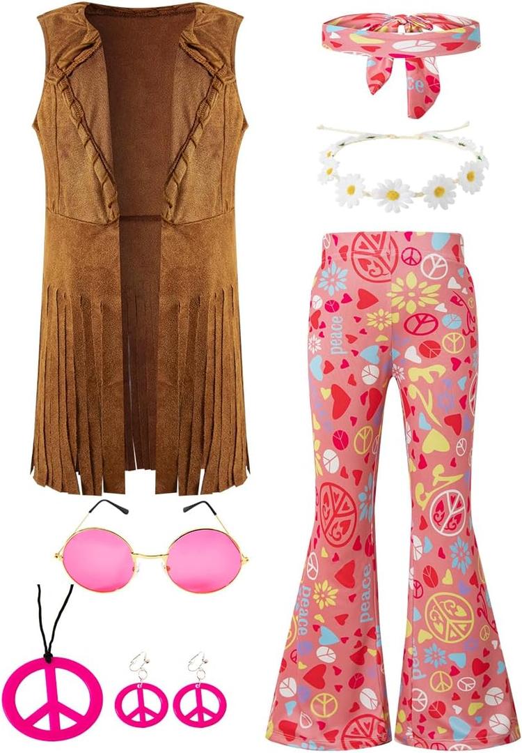 IWALUE Kids Girls 60s 70s Hippie Costume Pants Set Fringe Vest Peace Flared Pants Outfits Accessories Set（Pink,8-10 Years）