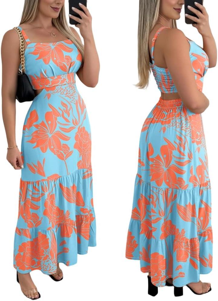CHICME Summer Dresses for Women 2026 Sleeveless Casual Boho Maxi Dress Square Neck Cut Out Floral A Line Dress