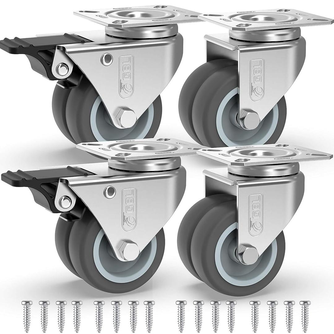 GBL 2 inch Casters Set of 4 Heavy Duty with 2 Locking Brakes + Screws - Up to 880Lbs - Swivel Caster Wheels - No Floor Marks Silent Plate Casters - Silver Castor