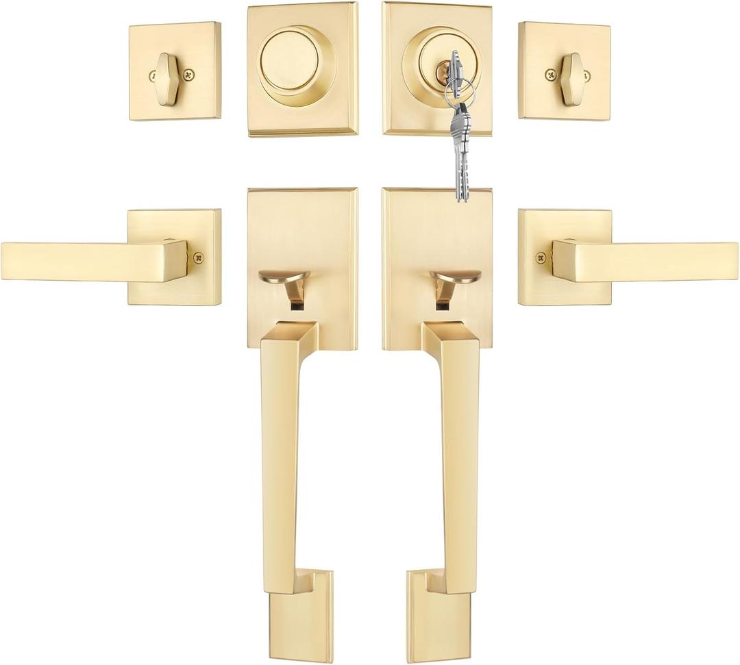 Goldenwarm Double Front Door Lock Set, Gold Double Door Handle Set, Gold Double Door Handle with Dummy, Modern Double Front Door Hardware Set with Reversible Handle Lever