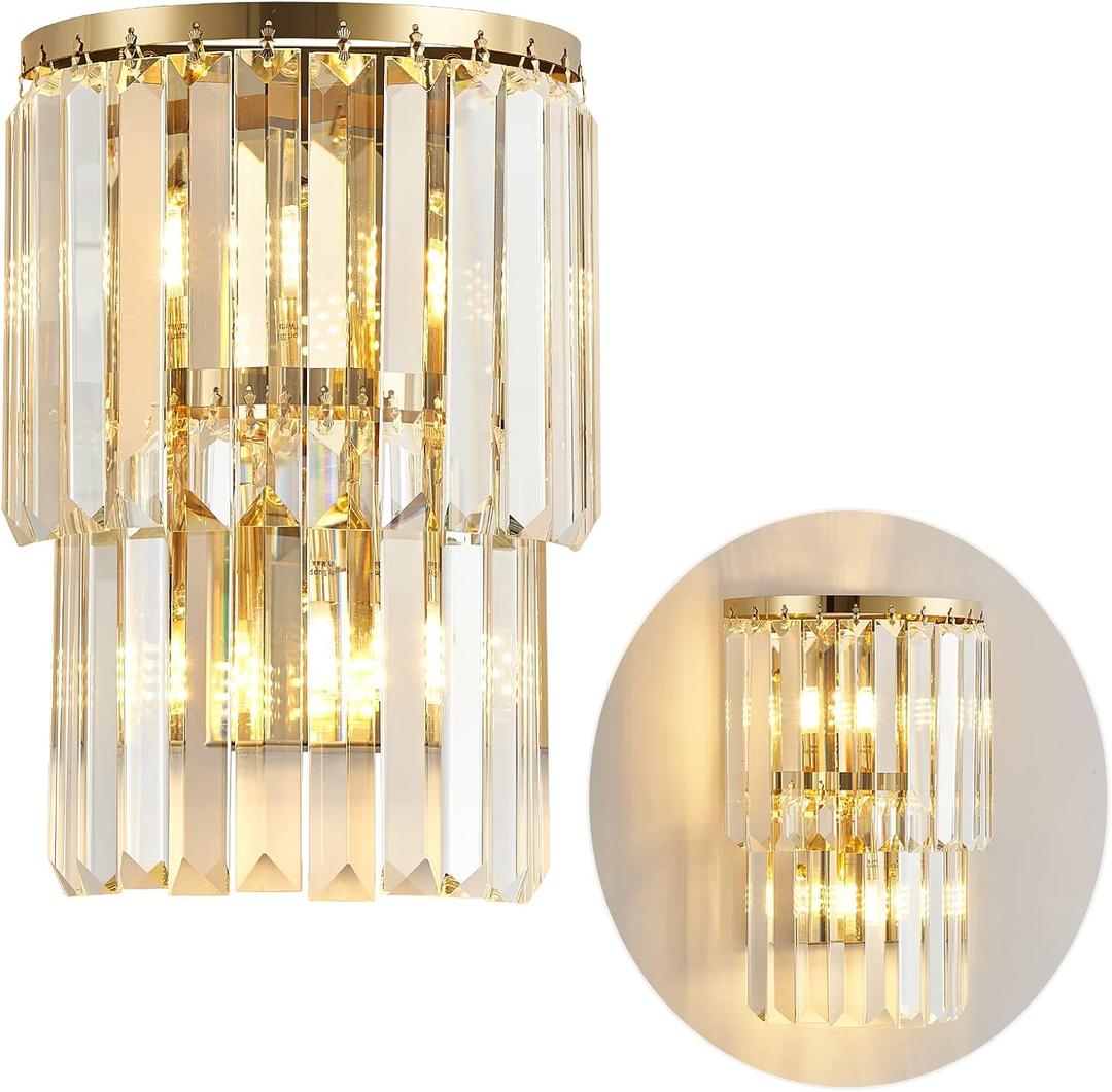 Siljoy 2-Lights Modern Crystal Wall Light, 2-Tiers Crystal Bedside Wall Mount Lighting Fixture, Mirror Gold Stainless Steel K9 Crystal Wall Sconce for Bedroom Living Room Hallway H10'' x L8''