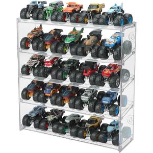 25 Monster Trucks Display Case for 1:64 Scale Monster Trucks, 5-Tier Clear Monster Truck Storage Organizer, Wall Mount Display Shelf Holds 25 Trucks, Toy Car Display Case for Collectors & Kids