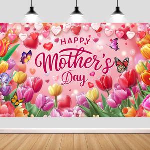 Mother's Day Backdrop Happy Mother's Day Party Decor Banner Supplies Heart-Shaped Balloon Floral Tulip Butterfly Pink Photography Backdrop,Holiday Wall Decor for Indoor Outdoor Garden Yard 7x5ft