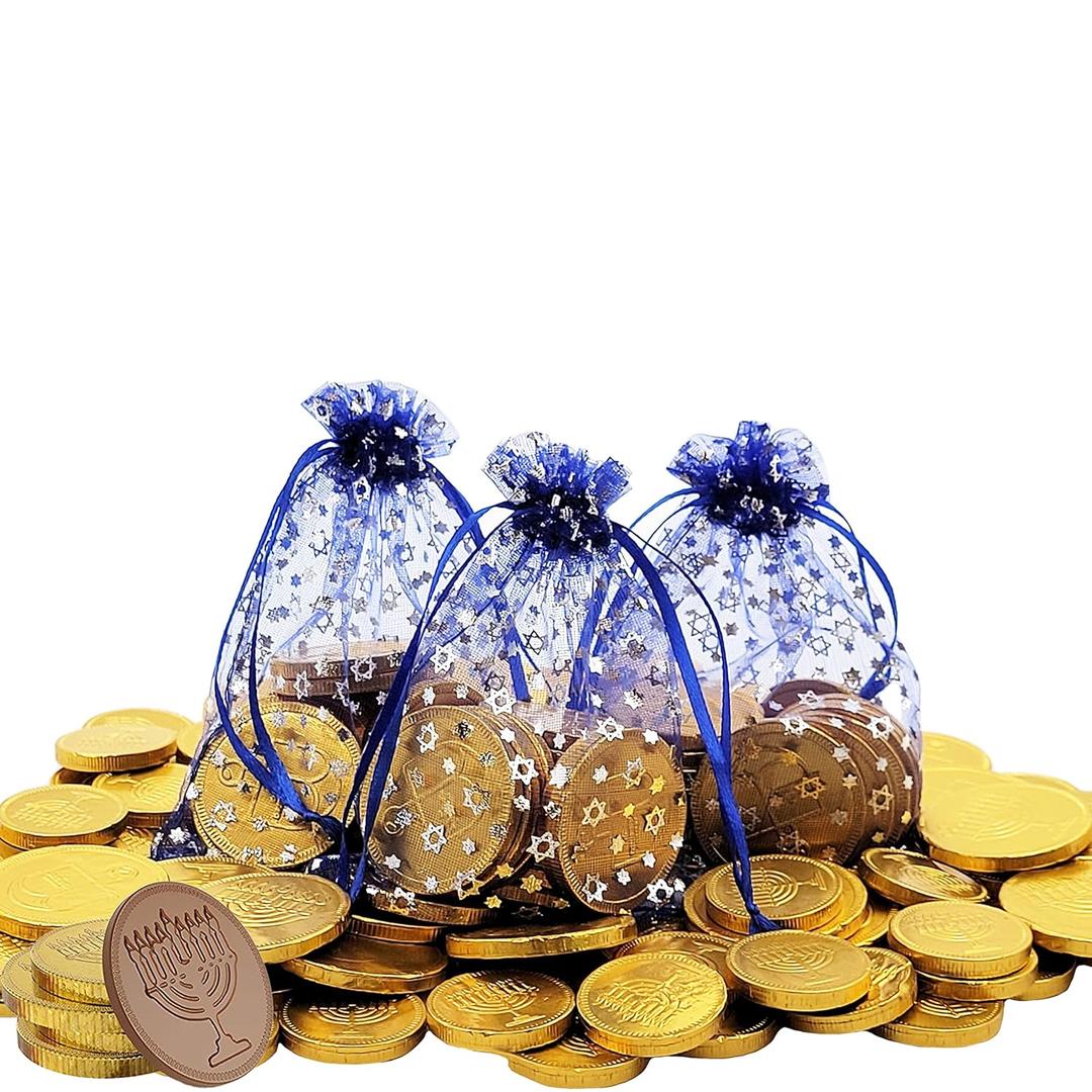 The Dreidel Company Gelt in Hanukkah Gift Bag, 15 Coins in each Bag Gold Nut-free Belgian Coins, 3-Bags (EXP 08/16/26)