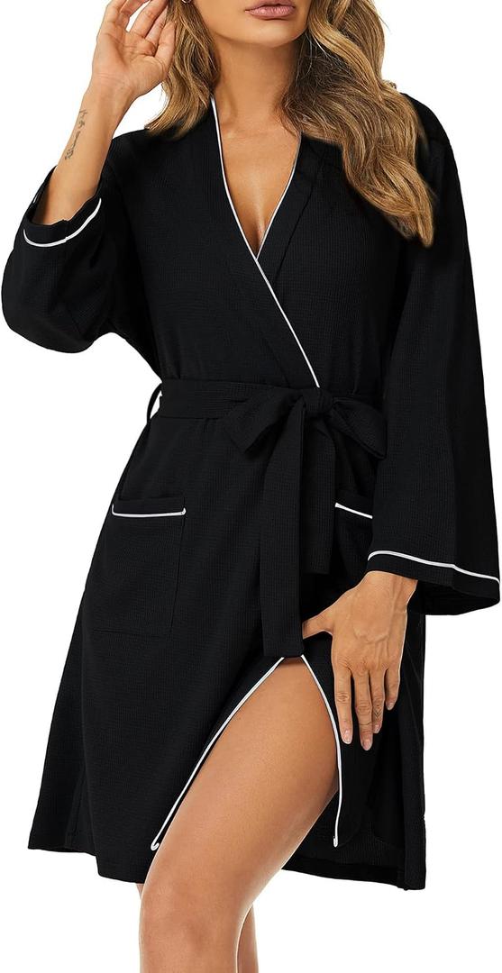 Womens Robe Knit Bathrobe Lightweight Kimono Robe for Women Soft Sleepwear Ladies Waffle Loungewear Black XL 