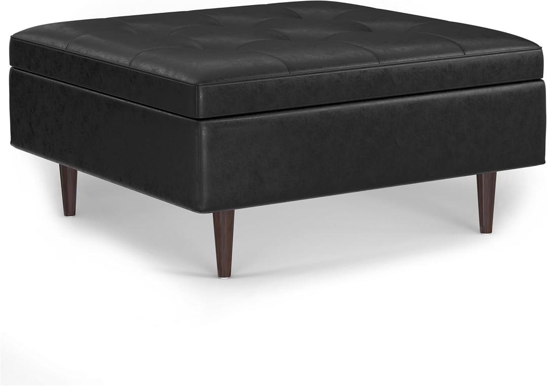 SIMPLIHOME Shay 38 inch Wide Mid Century Modern Large Square Coffee Table Storage Ottoman in Distressed Black Vegan Faux Leather, Assembled, for the Living Room and Entryway