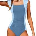 Aulyffo Teen Bathing Suits for Girls 12-14 One Piece Swimsuit Girls 12-14 Color Bolck Ruffle Bathing Suit Ruched Adjustable Straps Swimwear Gray Blue