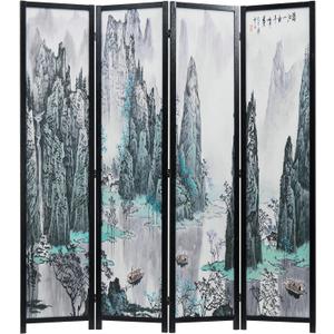 MyGift 4-Panel 6FT Folding Room Divider Asian Watercolor Oriental Landscape and Chinese Calligraphy Design with Freestanding Room Partitioner Screen with Black Wood Frame 63''W x 69''H