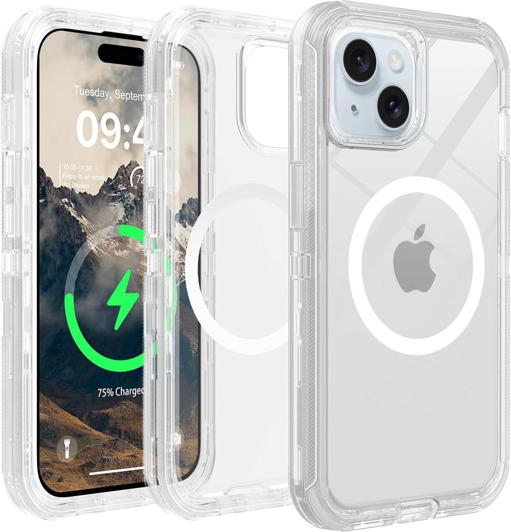 for iPhone 15, 14 & 13 Clear Case, Compatible with MagSafe, Anti-Yellowing, Shockproof, Dropproof, Heavy Duty Protection, Triple Layer Magnetic Phone Case Cover for 15/14/13, 6.1", Clear