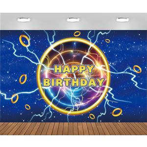 5.9x3.6ft Cartoon Blue Lightning Birthday Party Backdrop Golden Rings Happy Birthday Party Decorations