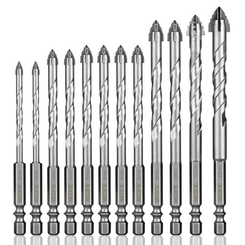 12 Pcs Concrete Carbide Drill Bits Set Hex Shank Masonry Cement Tile Drill Bit Set Hex Shank for Glass/Brick/Plastic/Wood/Procelain/Aluminium/Tile 5/32"-1/2" (2 pack)