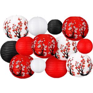 13 Pcs Chinese Japanese Paper Lantern Red Cherry Blossom Decorative Hanging Lantern Hibachi Party Decorations for Chinese New Year Home Restaurant Wedding Decor(Dark Color)