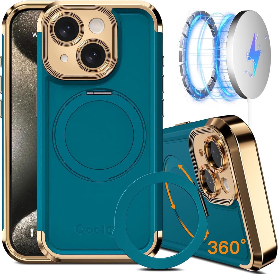 COOLQO for iPhone 15 Plus Case 6.7'' Upgraded 360 Spin Magnetic Stand [Compatible with Magsafe][Military Protection] Shockproof Protective Phone Holder Cover for iPhone 15 Plus, Green Gold
