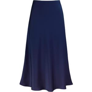 Modegal Women's Satin High Waist Hidden Elasticized Waistband Flared Casual A Line Midi Skirt (Thin Navy Blue, X-Large)