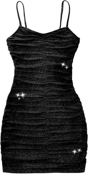 EXARUS Girls Spaghetti Strap Bodycon Mini Dress Prom Summer Sleeveless Ruched Pencil Dress 12 Y Black