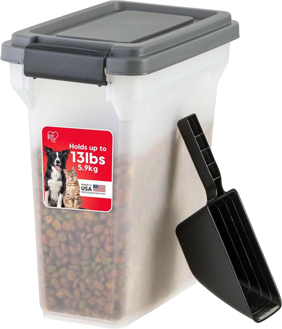 IRIS USA Dog Food Storage Container, Airtight Lid, 2-Cup Scoop, Up to 13 Pounds Pet Food Storage, Versatile Pet Food Bin, Treats, BPA Free, Dark Gray, 13 Lbs