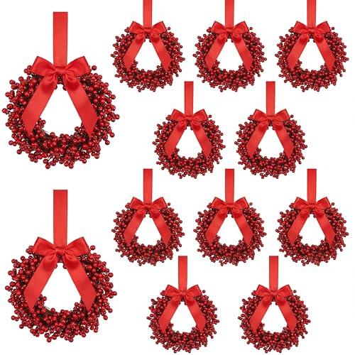 Zeyune 10 Pcs Small Christmas Wreaths for Kitchen Cabinets with Bow Ribbon Mini Cabinet Door Wreath Set Hanging Christmas Decor for Kitchen Window Outdoor Indoor, 14.96 x 7.87''(Red Berry)