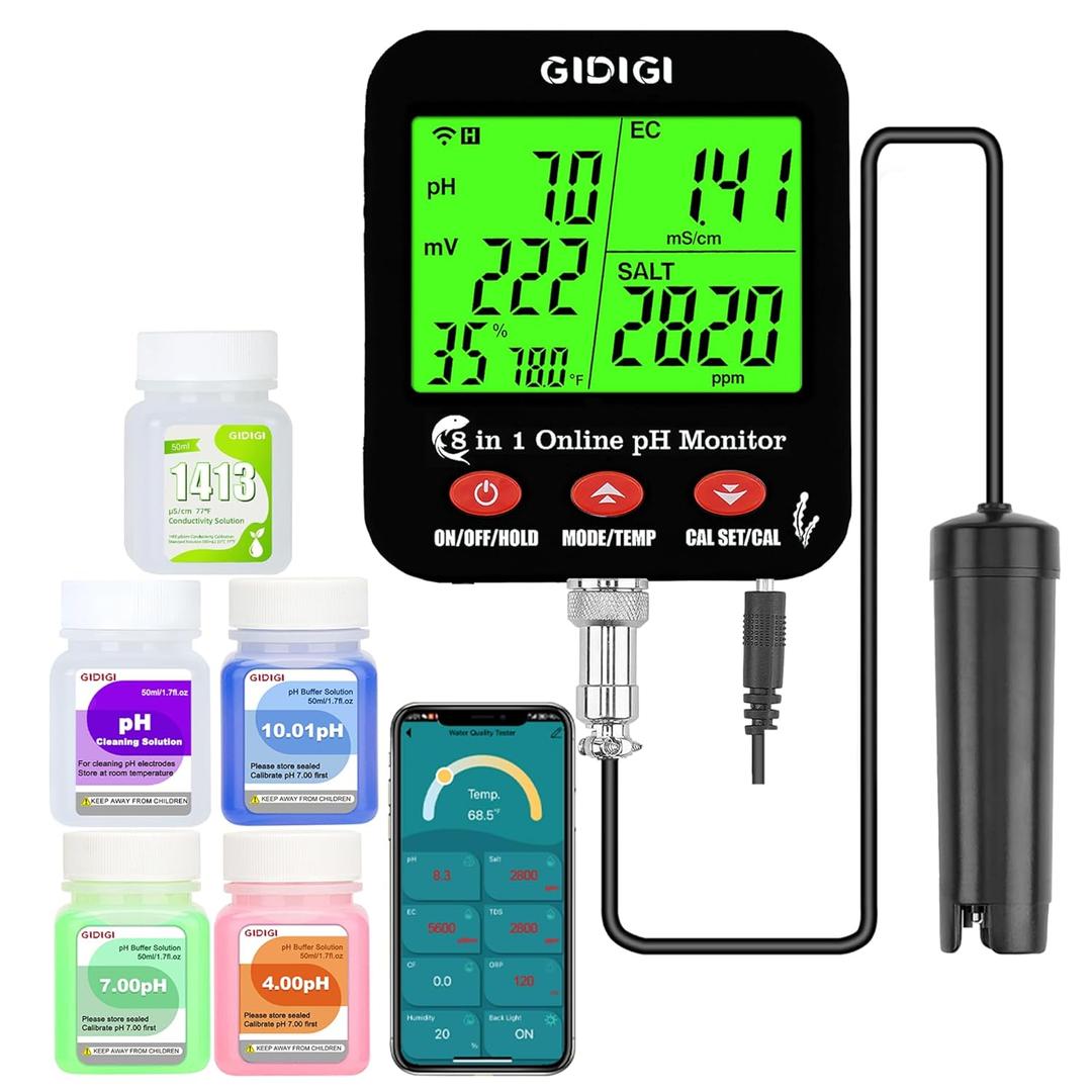 Online pH Salt Meter for Aquarium pH Humidity Monitor with WiFi for Real Time 8 in 1 Aquarium pH Test Kit pH EC Continuous Monitor for Hydroponic Salt Meter ORP Tester for Plant