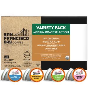 San Francisco Bay Compostable Coffee Pods - Variety Pack Medium Roast (40 Ct) K Cup Compatible including Keurig 2.0, Colombian, Breakfast, Organic Rainforest, Donut Shop, Best Before 22 July 2026 