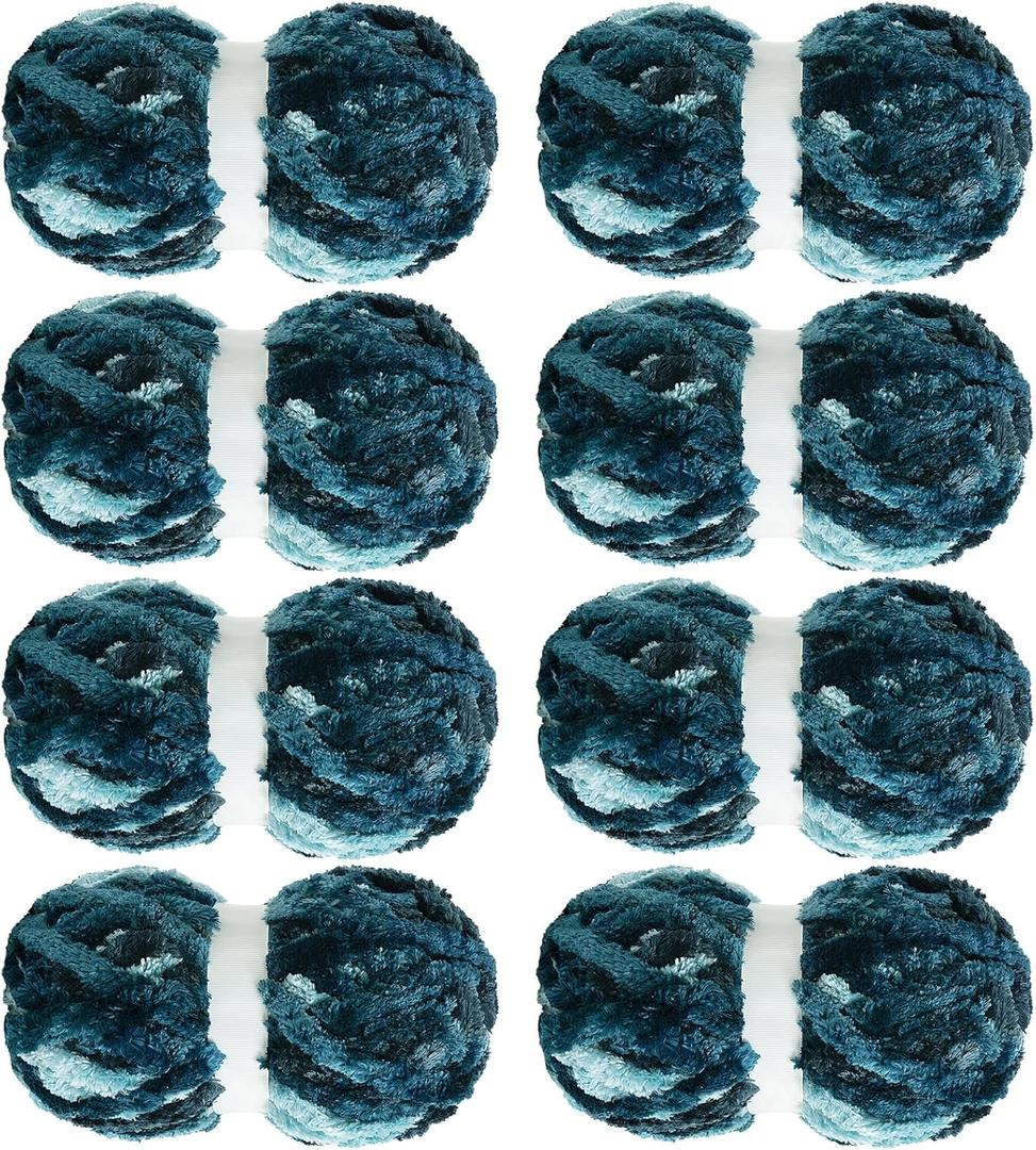 HOMBYS Thick Soft Velvet Yarn,Super Bulky Chenille Yarn for Knitting,Fluffy Plush Thick Yarn for Crocheting,Tie Dye Blue Soft Yarn Pack of 8,Big Yarn for Chunky Blanket,Jumbo Yarn(49 yds,8.8 oz/Skein)