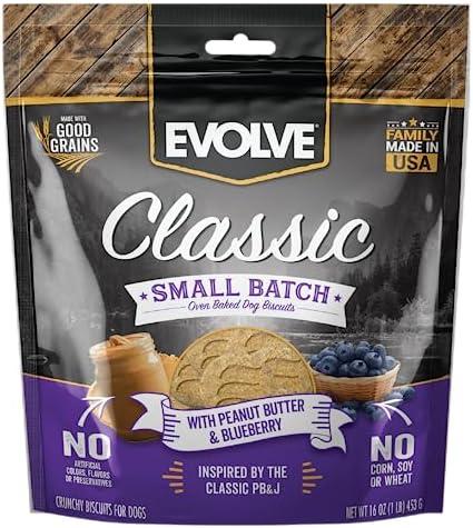 SET OF 2, Evolve Classic Small Batch Oven Baked with Peanut Butter and Blueberry Biscuits Dog Treats, 16oz