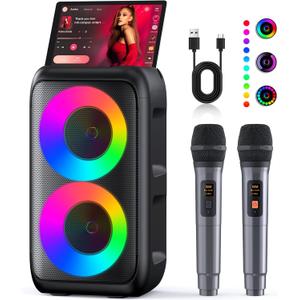 Karaoke Machine, Portable Bluetooth Speaker with 2 Wireless Karaoke Microphones, Karaoke Machine for Adults Kids with PA System,Powered Cabinets Support TWS/TF/USB/AUX for Home Party Stage,Xmas Gifts (Black)