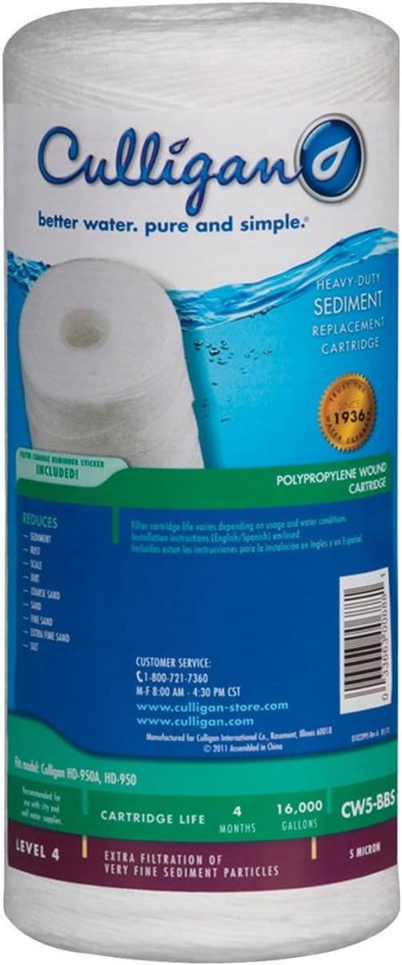 Culligan CW5-BBS Water Filter Replacement Cartridge for Whole House Water Filtration System - Premium Filter Reduces Sediment, Dirt, Scale Particles & Rust, 1 Count (Pack of 1), White