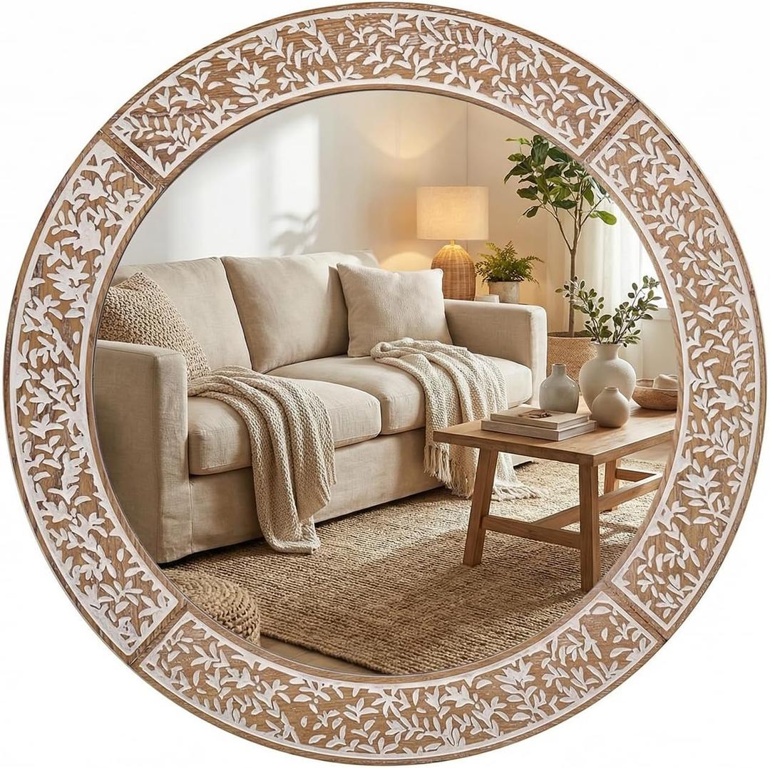 24 Inch Farmhouse Round Wall Mirror, Rustic Wooden Frame Circle Mirrors, Decorative Distressed Hanging Mirror for Bathroom Living Room Bedroom Entryway