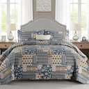 Mybedsoul Dark Grey Quilt Set Queen Size, 3 Pieces Plaid Floral Bedspread Set Patchwork Reversible Bedding Set Microfiber Lightweight Bedspread Coverlet Set for All Season 96"x90", Dark Gray 