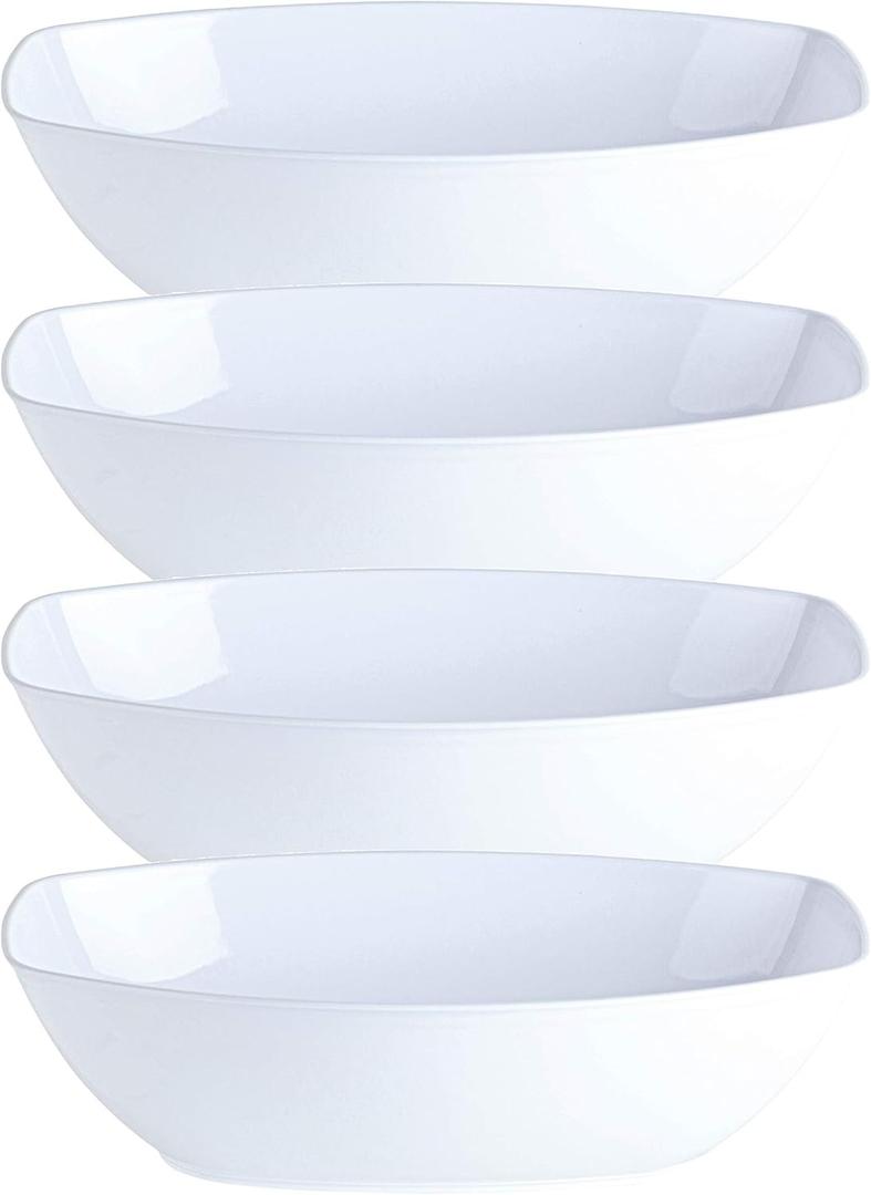 PLASTICPRO Disposable Oval Serving Bowls, Party Snack or Salad Bowl, 72-Ounce, Plastic (4, WHITE BOWLS)