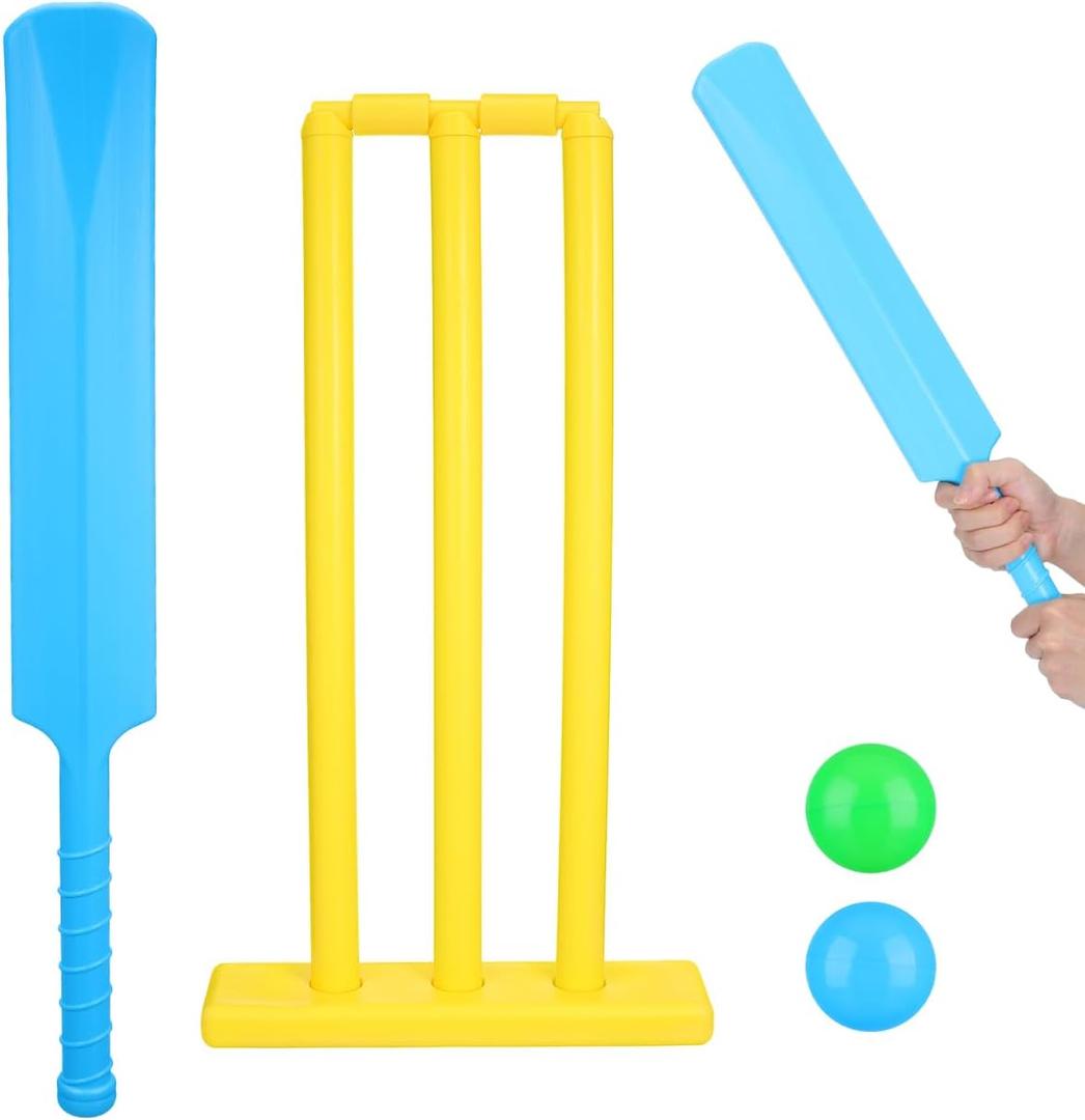 Abaodam Unisex Cricket Set with Plastic Bat Ball and Stumps for Kids Outdoor Beach and Backyard Sports Game Portable Interactive Toy for Hand-Eye Coordination and Family Fun