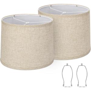 Lampshades Set of 2, Drum Lampshades 11.6" Top x 12.6" Bottom x 9.8" High, Seaside village Medium Lampshades (Spider Fitter), Beige Lampshades Natural Linen Hand Crafted, Easy Assembly Required